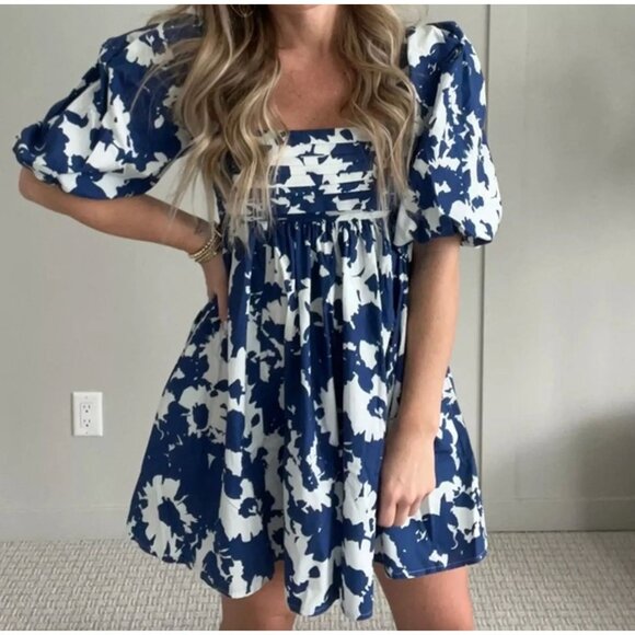 Abercrombie and Fitch Emerson Poplin Puff Sleeve Midi Dress Blue Floral Size S - Picture 1 of 8